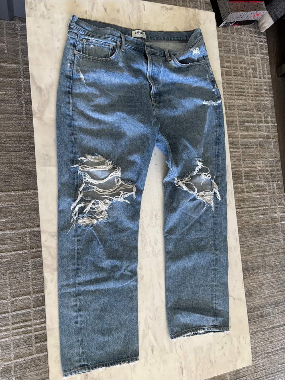 Agolde Sz 32 Distressed Light Blue Straight-Leg Jeans
